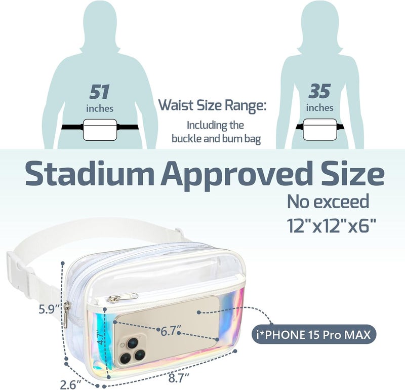 Veckle Holographic Clear Fanny Pack - Plus Size Only 35" - 51" Transparent Belt Bag for Women Crossbody Waist Bag for Festivals, Concerts, Theme Park, White - Image 3